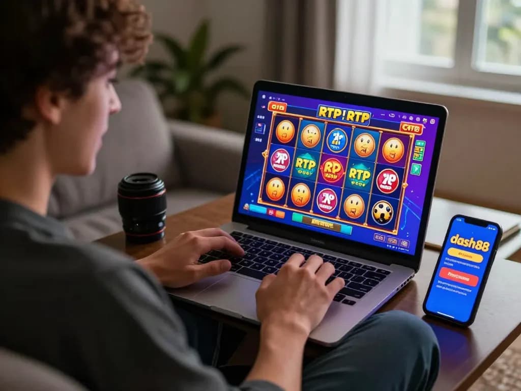 Engaging gaming moment on dash88 with high RTP slot game on laptop