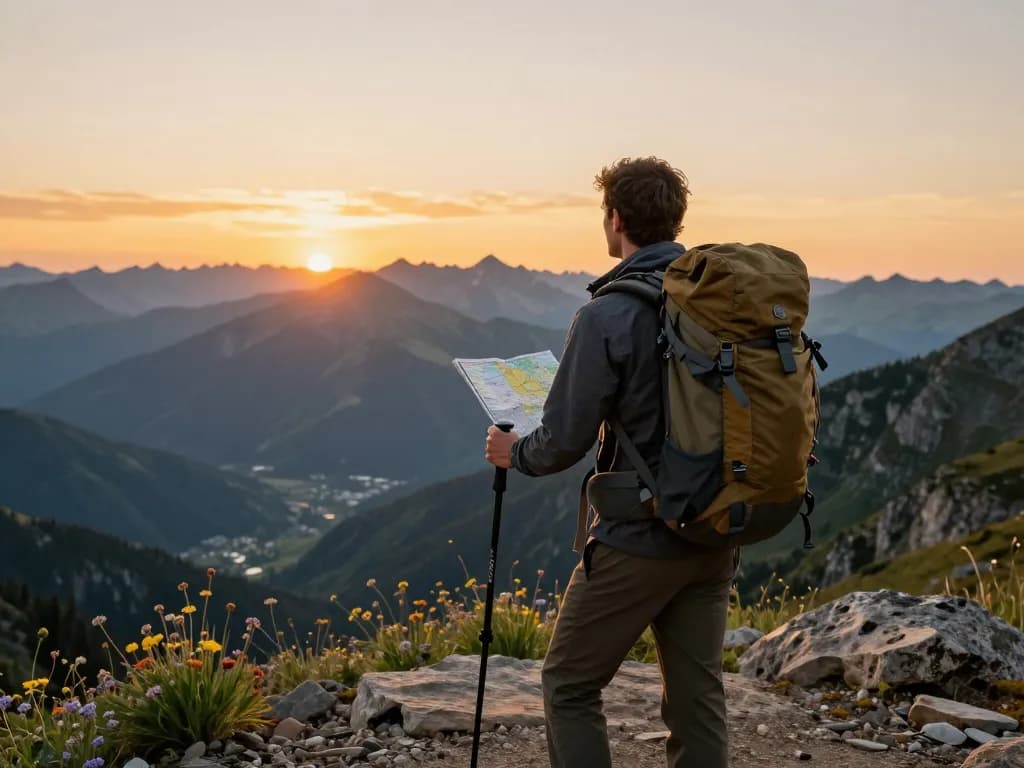 Traveler enjoying the sunset view at a mountain peak with Fly88 gear and equipment, capturing the essence of adventure.