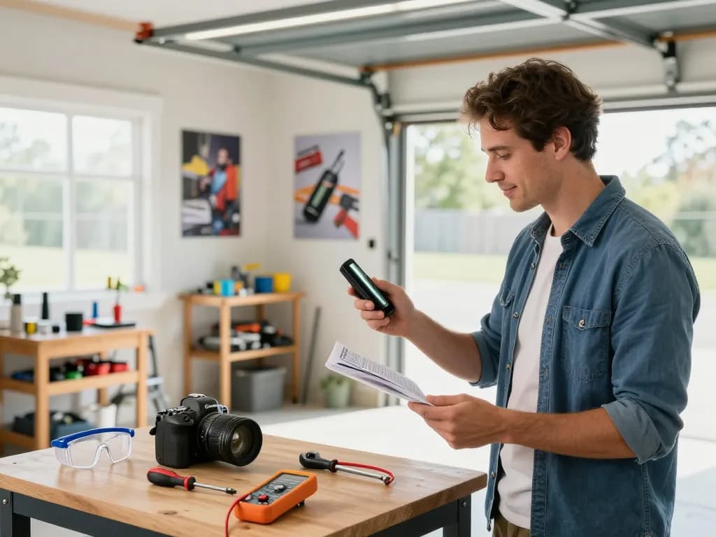 Pemilik rumah menjelajahi cadangan baterai pembuka pintu garasi di ruang kerja yang terang sambil mempertimbangkan solusi hotplay99.