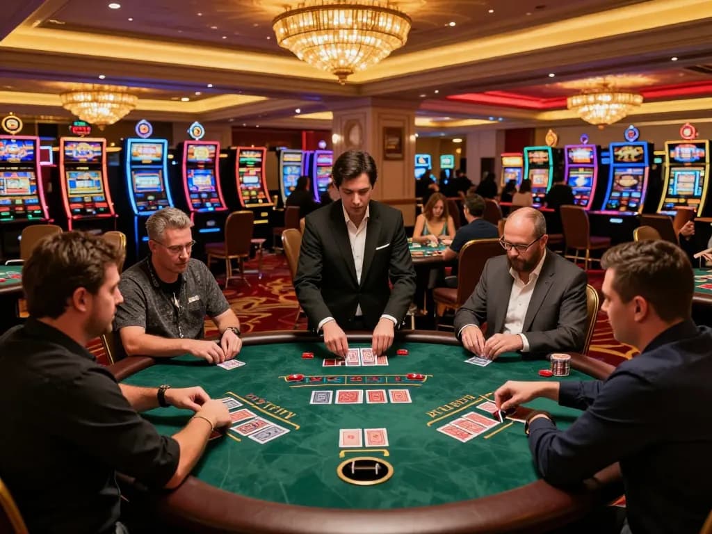 Players engage in a high-stakes game at the blackjack table, showcasing du88 excitement of strategic gambling.