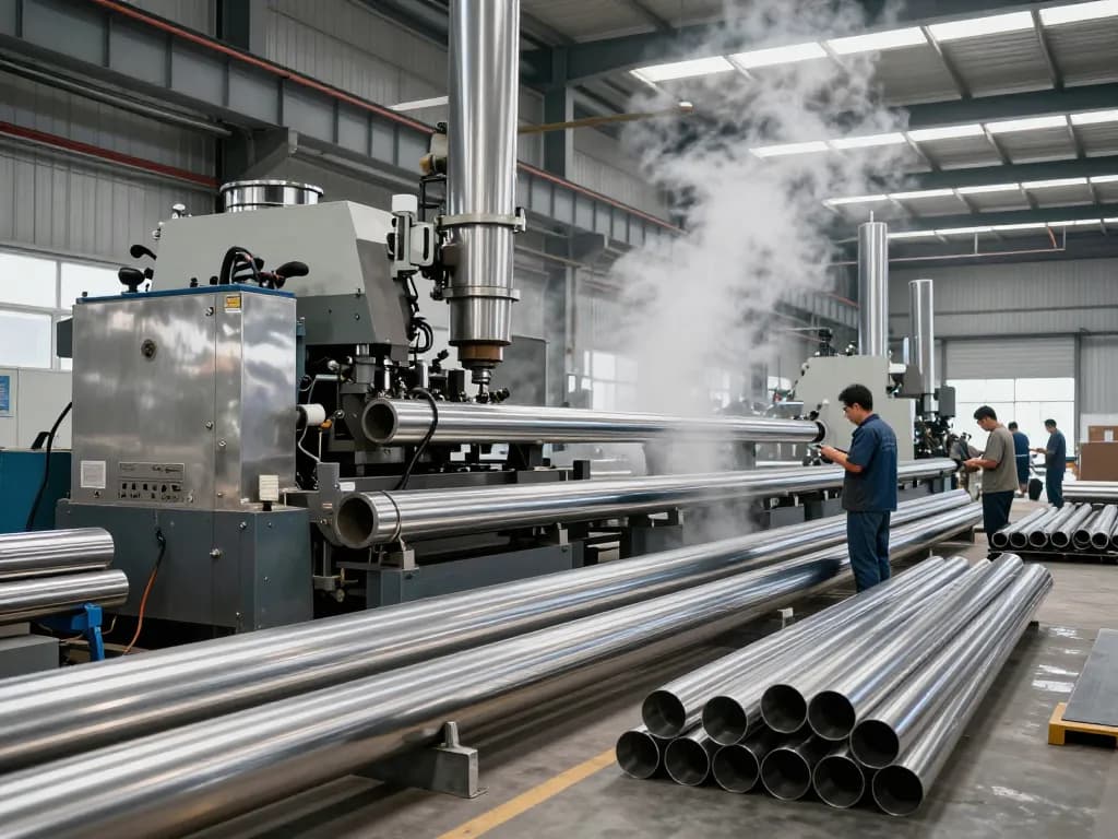 Stainless steel production at Sumwin factory, showcasing skilled labor and machinery.