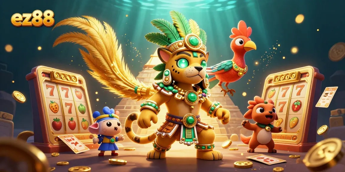 Play exciting slot games on ez88 with a Mayan jaguar priest and vibrant symbols!