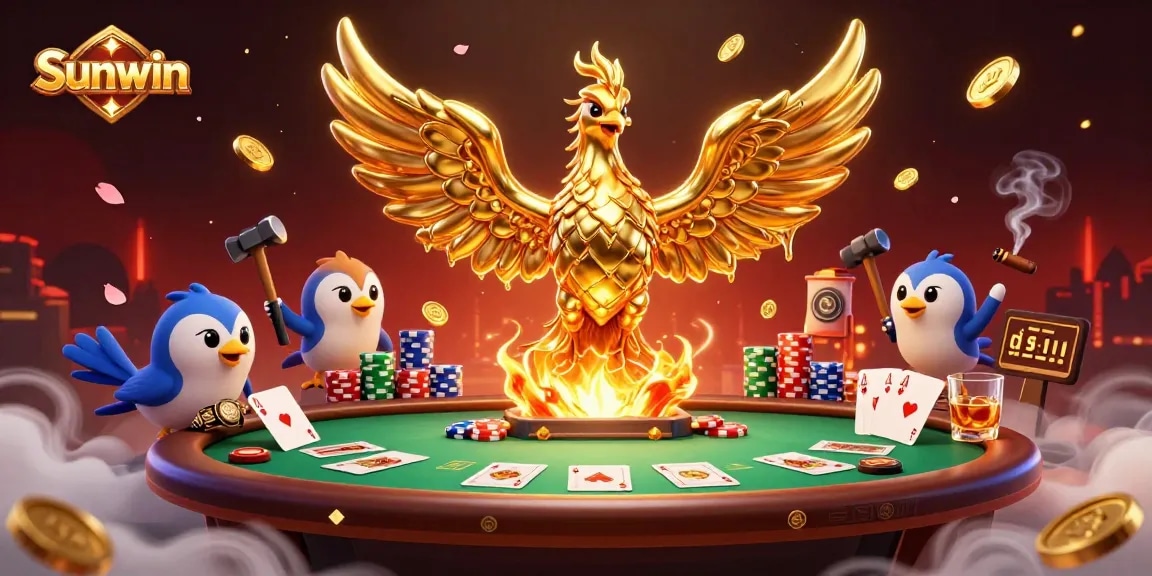 Players enjoy the vibrant atmosphere of Sunwin with golden phoenix coins cascading from a molten forge.