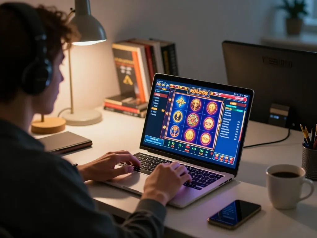 Engaged player partaking in kdslots gaming session on laptop in a cozy home office atmosphere.