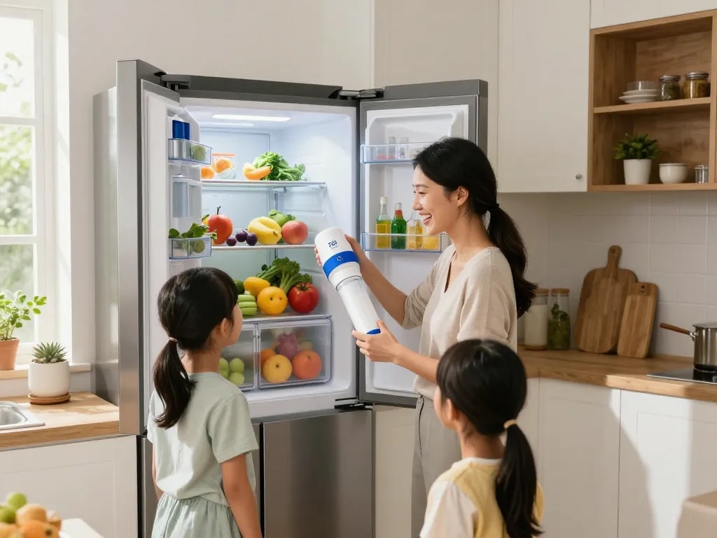 Family learning to change the EcoAqua WF1CB Refrigerator water Filter in a bright, modern kitchen.