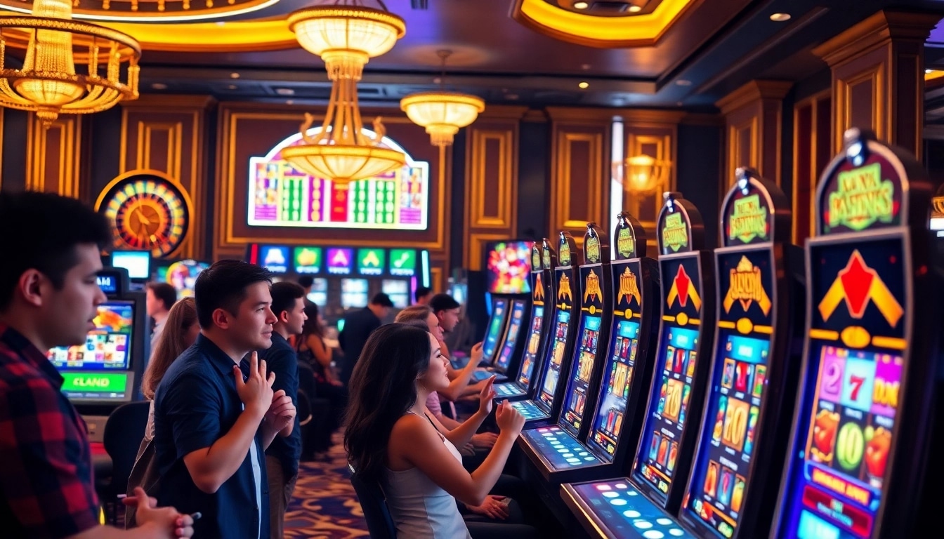 Players enjoying slot depo 25 bonus 25 at an elegant casino with vibrant slot machines.