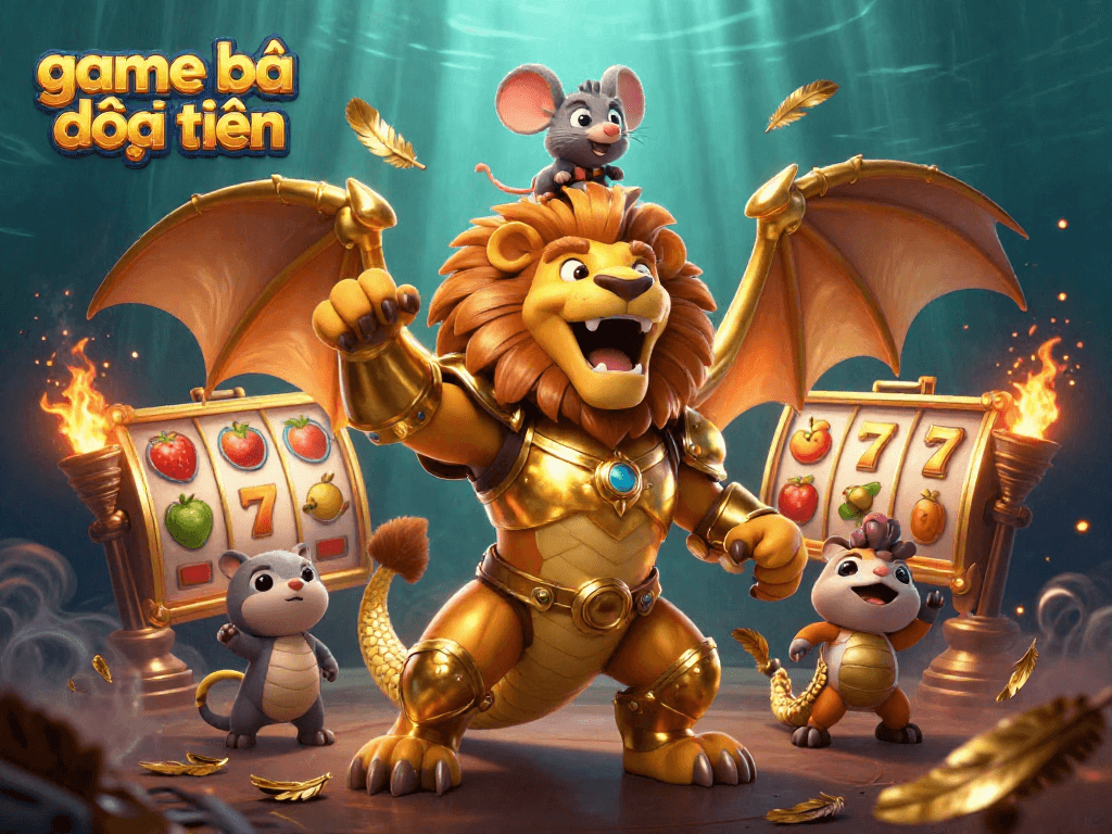 Engage in thrilling game bài đổi thưởng with a golden chimera and vibrant slot elements.