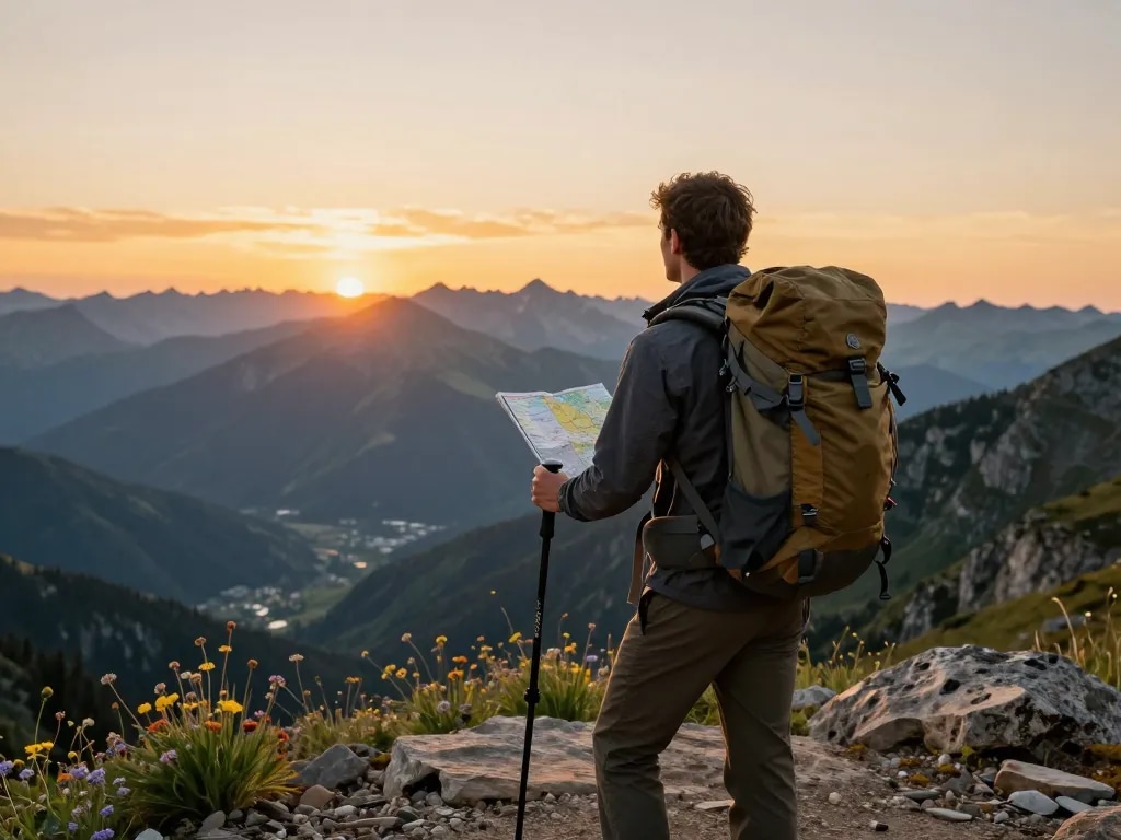 Traveler enjoying the sunset view at a mountain peak with Fly88 gear and equipment, capturing the essence of adventure.