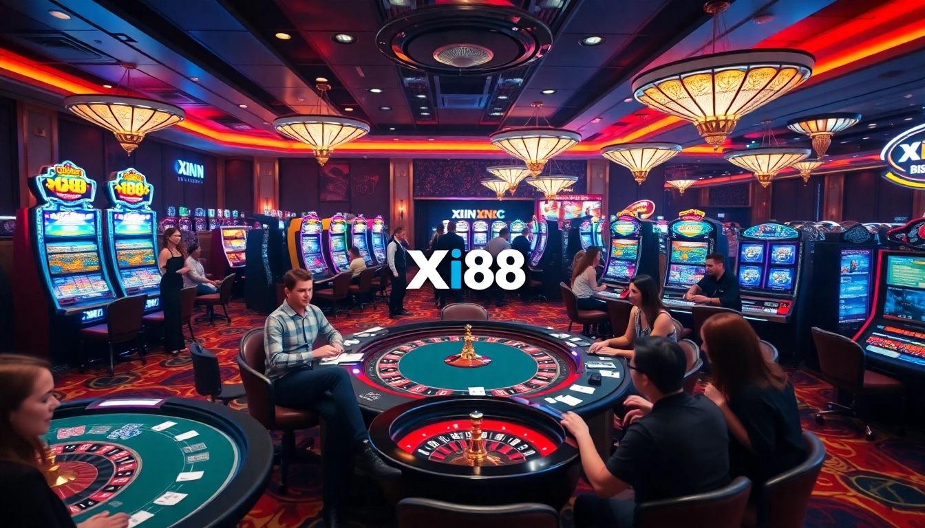 Players enjoying a lively game at Xin88 casino, featuring exciting slot machines and poker tables.
