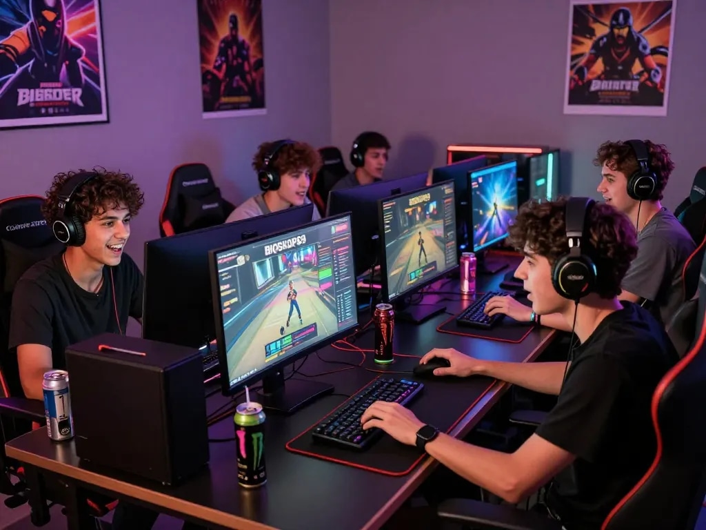 Engaged friends playing BIOSKOP69 in a vibrant gaming setup, showcasing teamwork and excitement.