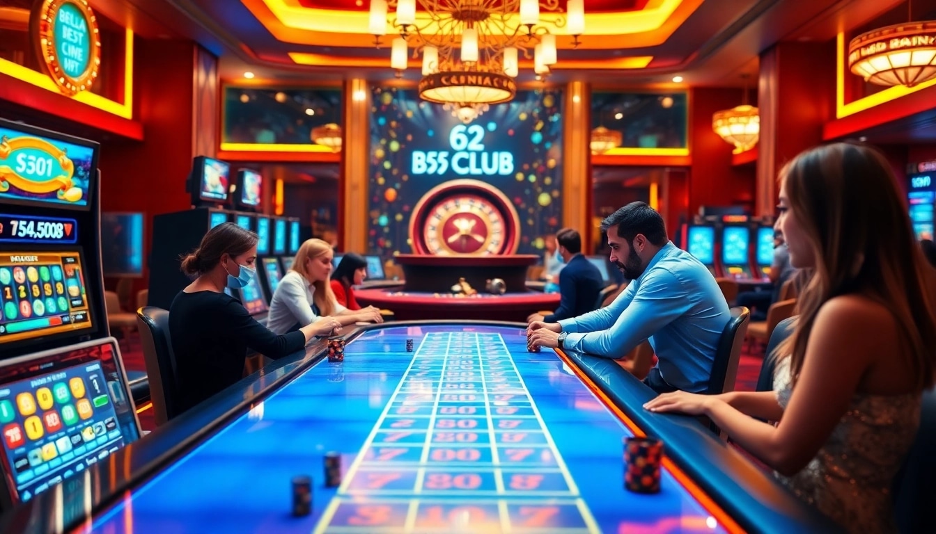 B52 CLUB offers an engaging online gambling experience with vibrant slot machines and poker players.