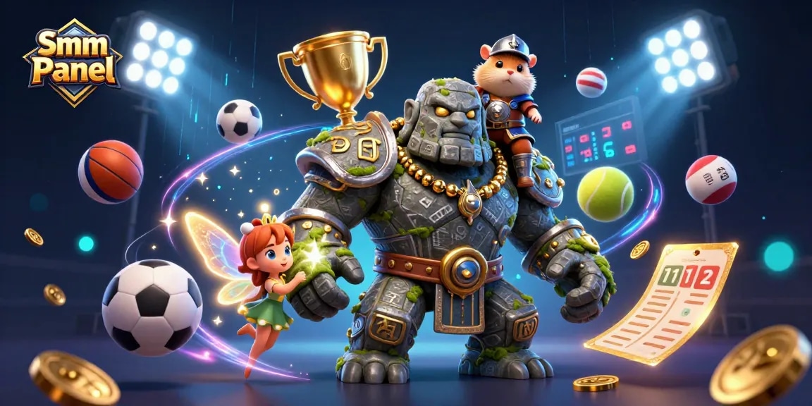 Smm Panel illustration showcasing a golem, fairy, and hamster knight amidst dynamic sports elements and rich magical effects