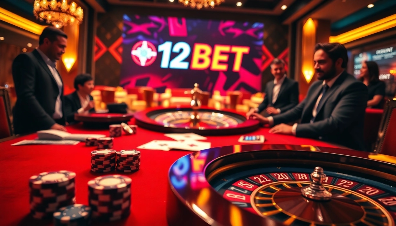 Experience the thrill of winning at 12BET with luxurious casino tables and vibrant gambling action.