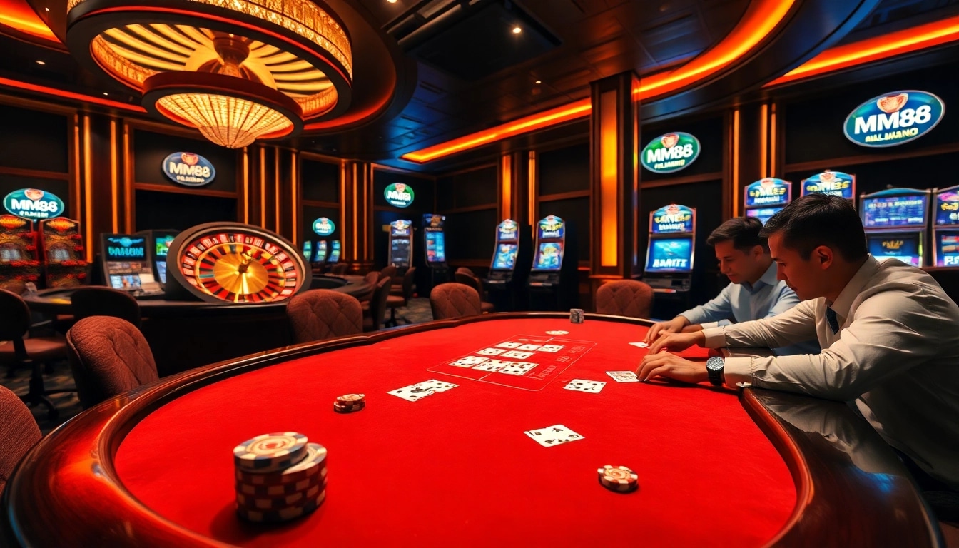 MM88 players strategizing in an upscale casino poker game environment.