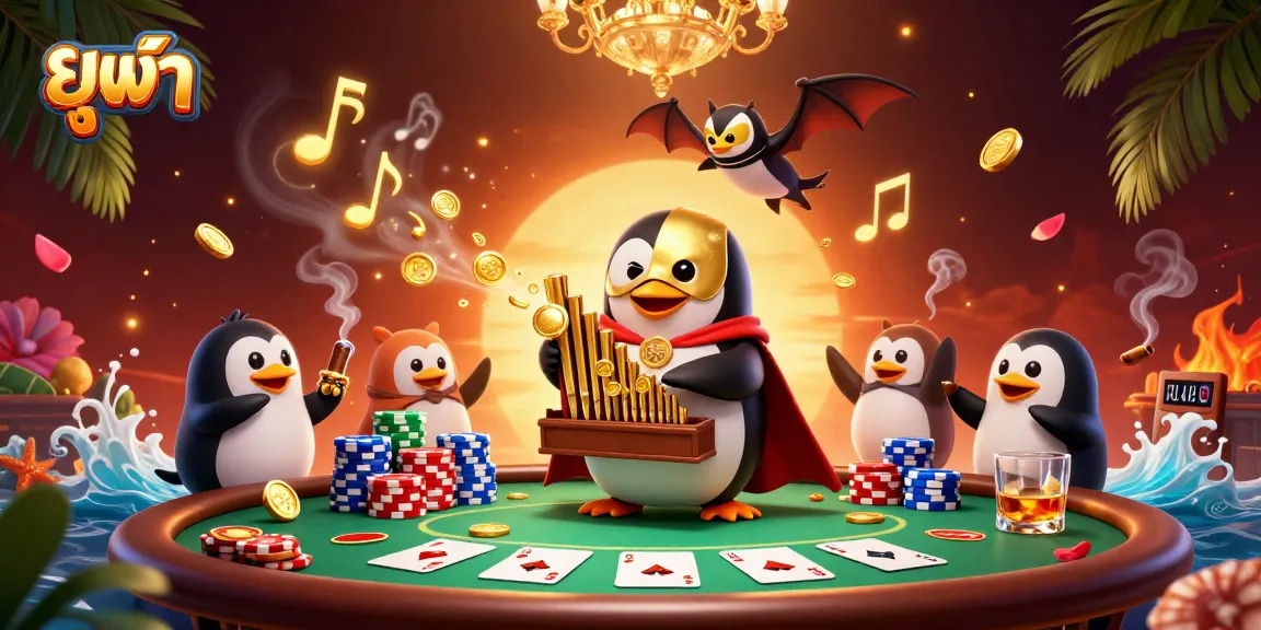 Engage in lively gaming action with ยูฟ้า, a vibrant casino scene featuring a phantom opera penguin and acrobat.