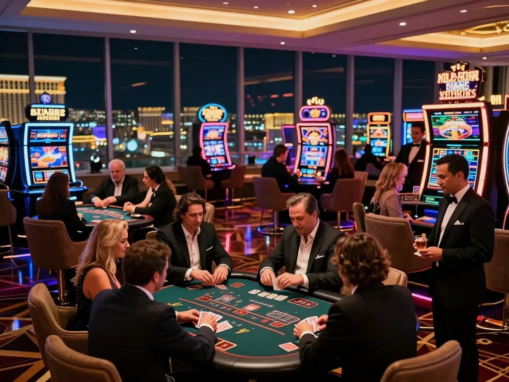 Exciting casino atmosphere at https://dohistory.group/ with players engaged in blackjack, surrounded by luxury.