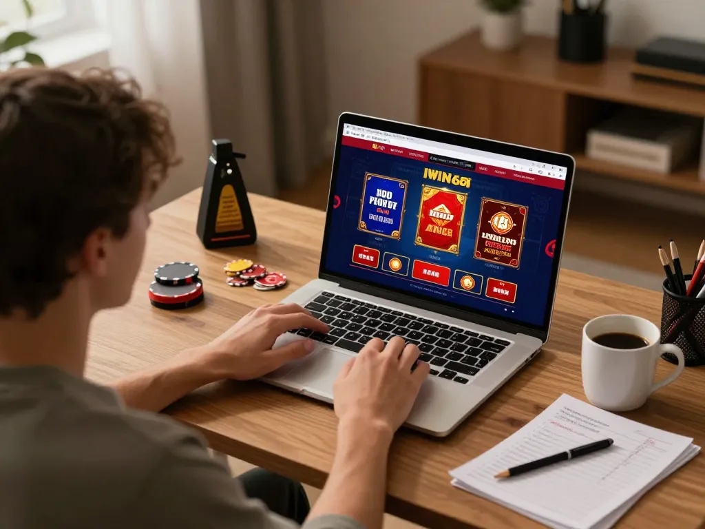 IWIN68 player engaging in online casino gameplay on a laptop, showcasing an immersive gaming environment.