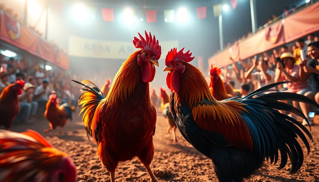 Exciting live cockfighting event showcasing the energy of sabong 67 with vibrant colors and dramatic lighting.