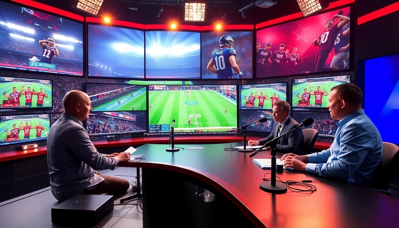 Witness sports broadcasting professionals engaging with live games in a dynamic studio environment.