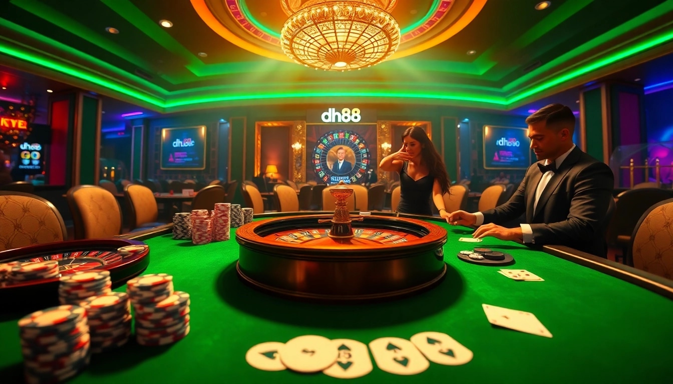 Experience excitement at dh88's blackjack table with players and a dealer in a vibrant casino atmosphere.