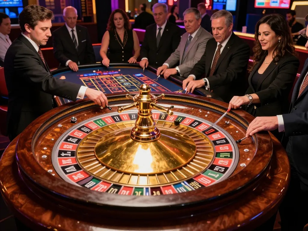 KJC players placing bets at an upscale casino roulette table, highlighting excitement.