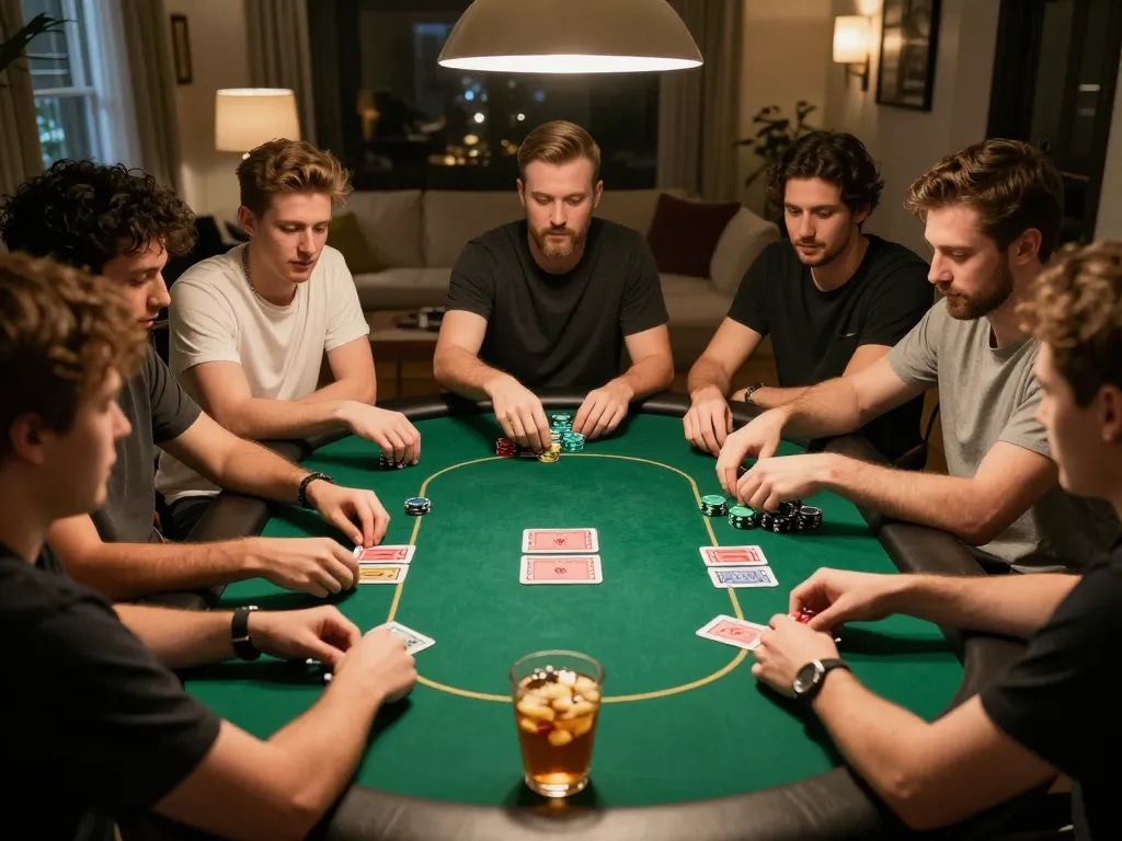 68win players engaging in a thrilling home poker night with chips and cards