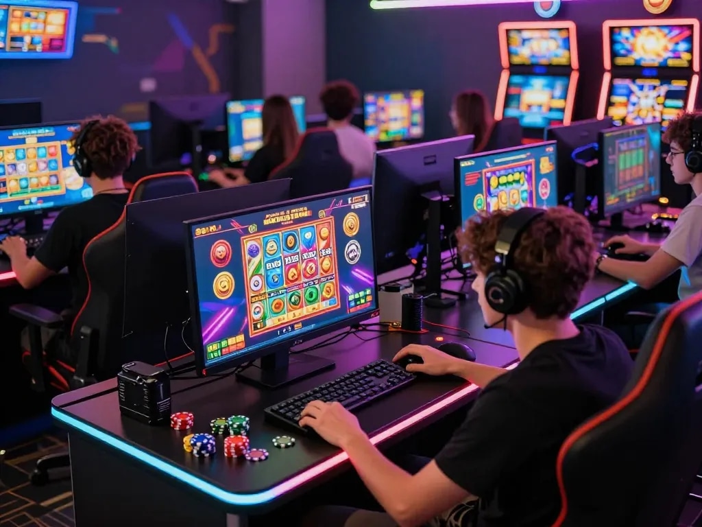 Engaging players enjoying link gacor slot games in a vibrant gaming setup.