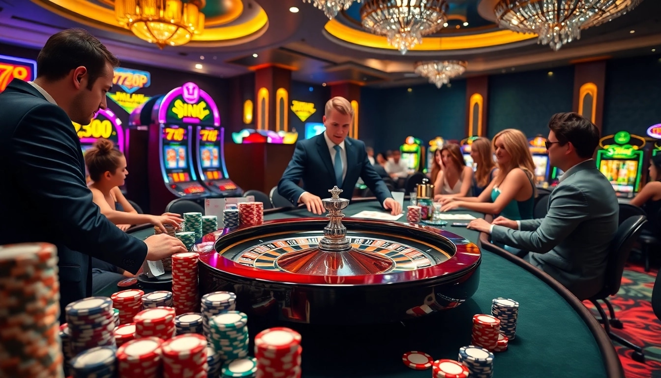 Players enjoying intense gameplay at 789P's vibrant casino tables with chips and cards.