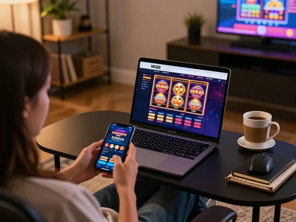 Experience NK88 casino excitement with vibrant online gaming setup at home