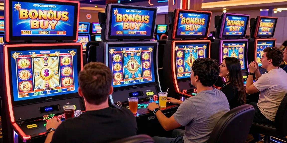 Players enjoying bonus buy slots at a vibrant online casino gaming table, with colorful screens displaying exciting game features.