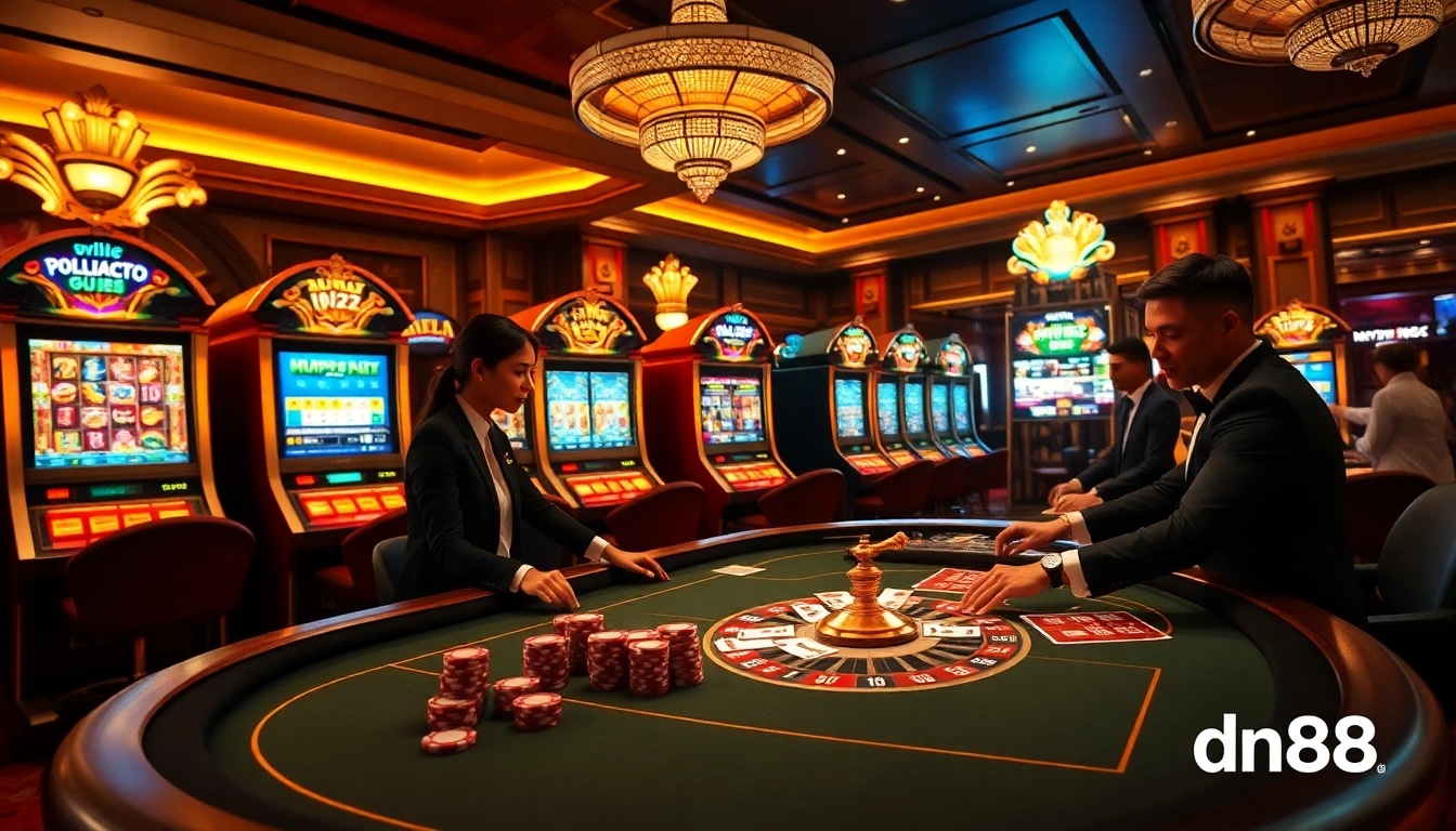 Engaging scene of casino excitement with dn88 branding, featuring poker, roulette, and slot machines.