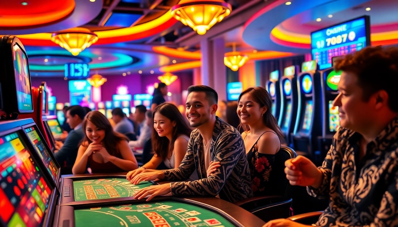Players engaging in exciting games at 789bet online casino, surrounded by vibrant lights.