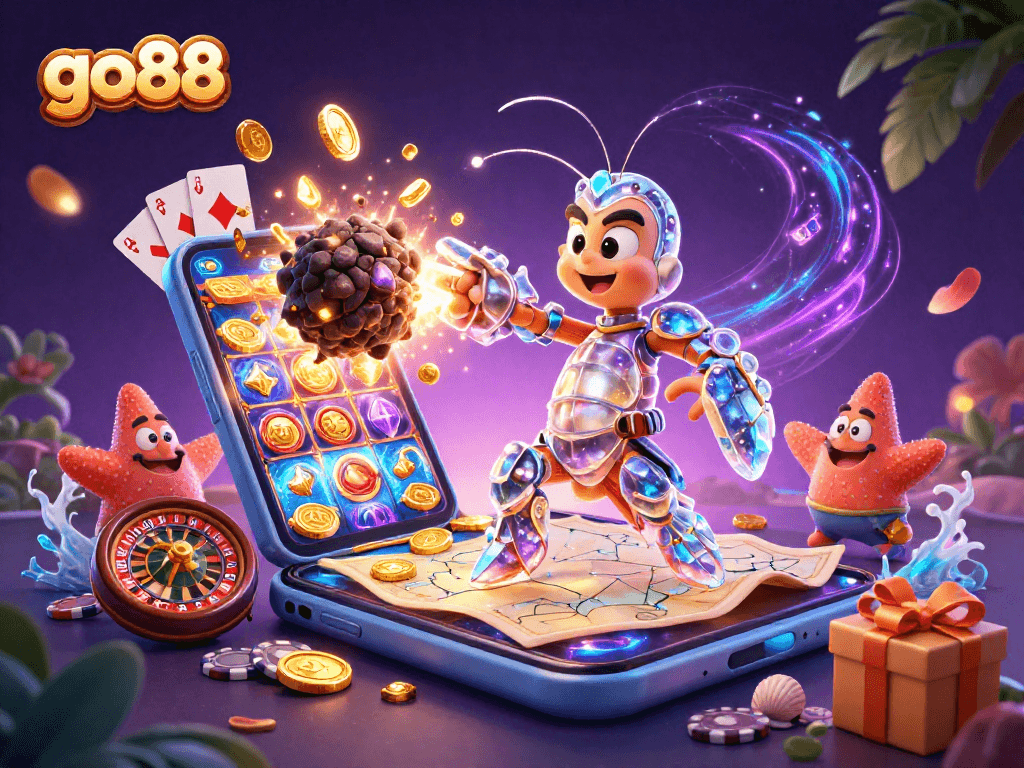Engage with go88's vibrant 3D casino scene featuring a mantis shrimp and starfish among slot games.
