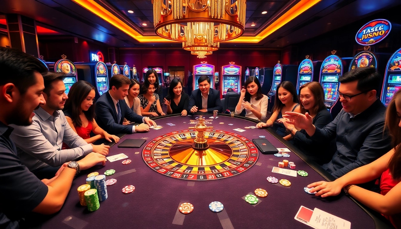 Người chơi tham gia tại bàn chơi JD88 sang trọng, thể hiện đúng tinh thần phấn khích của casino.