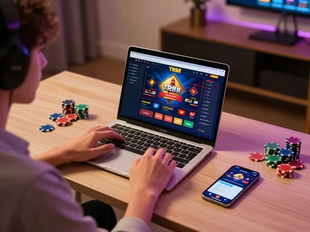 Player engaging with TR88 gaming platform on laptop, showcasing responsible gambling strategy.