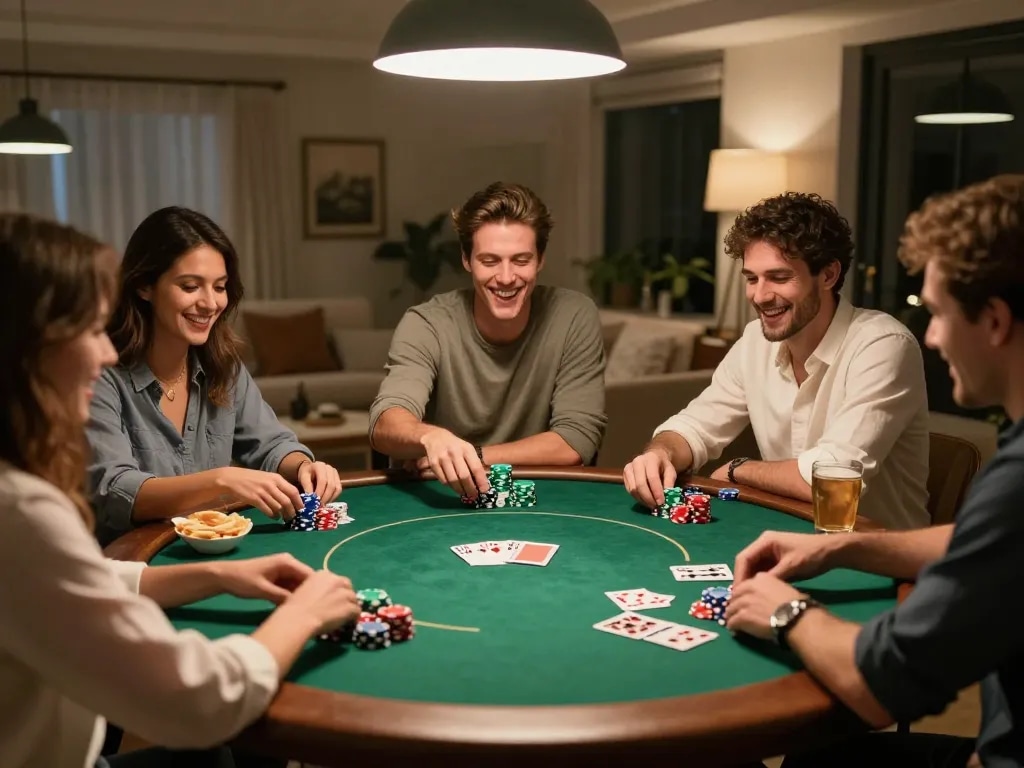 Friends enjoying a poker night at home with Keonhacai5, showcasing vibrant poker chips and cards.