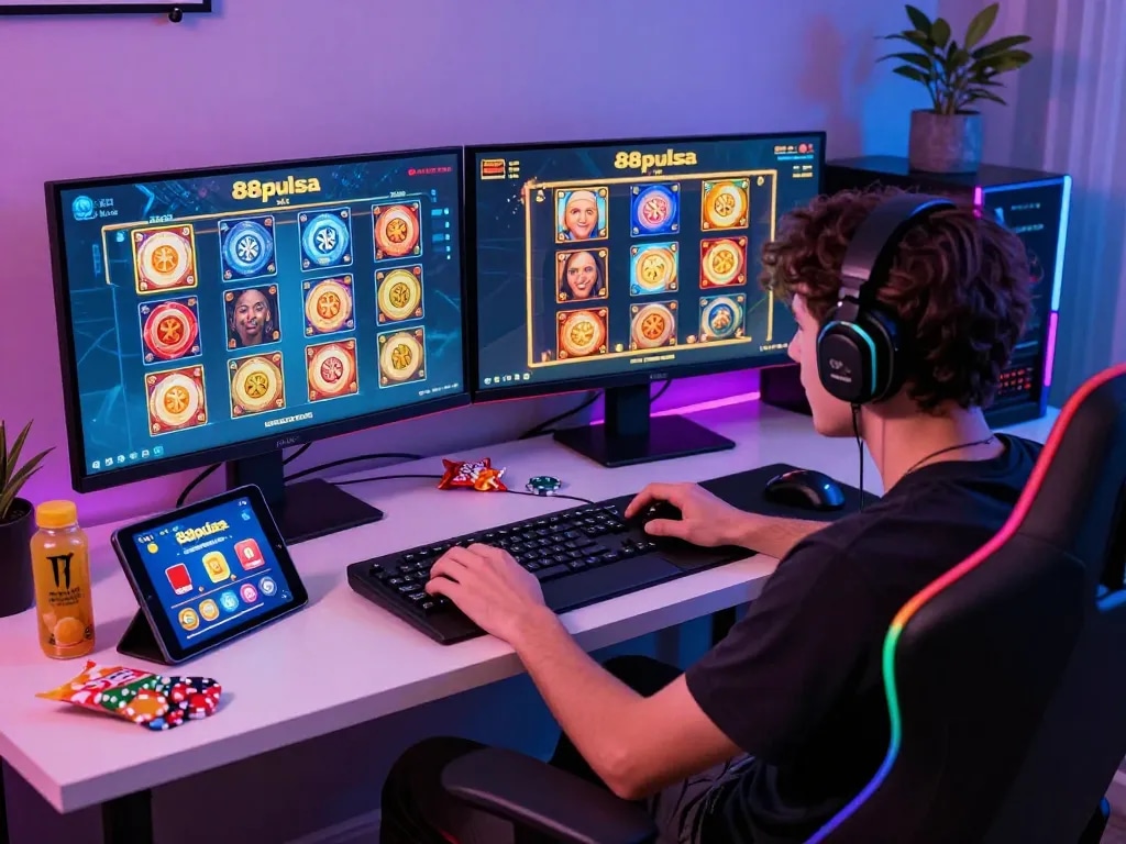 Exciting moment of a player enjoying 88pulsa online games at home with vibrant screens.