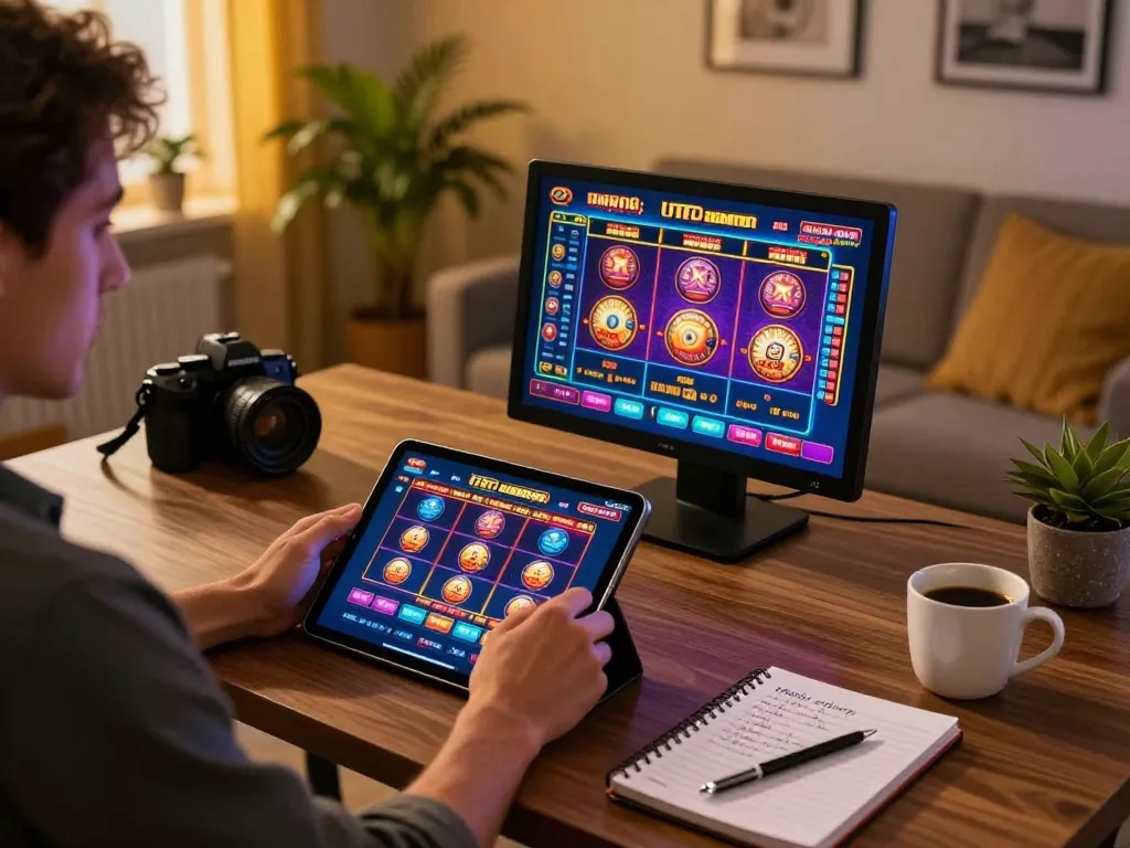 Player engaging in slots gameplay at 98win on a tablet, surrounded by notes in a cozy, well-lit setting