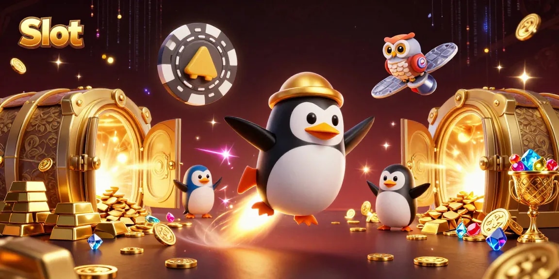 Spin Slots with thrilling golden penguin and casino delights in this exciting illustration
