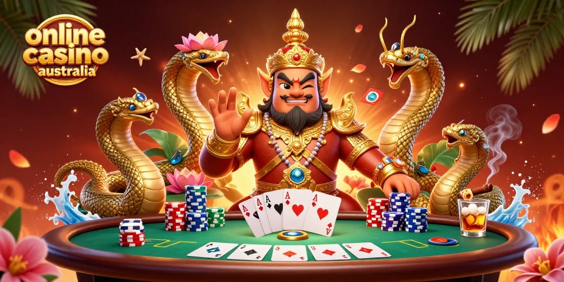Engage in vibrant action with an online casino australia scene, showcasing a dynamic poker table surrounded by lively characters.