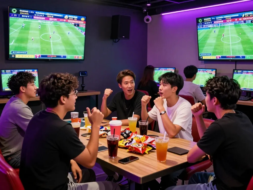 Excited friends monitoring kèo nhà cái in a vibrant betting lounge environment.