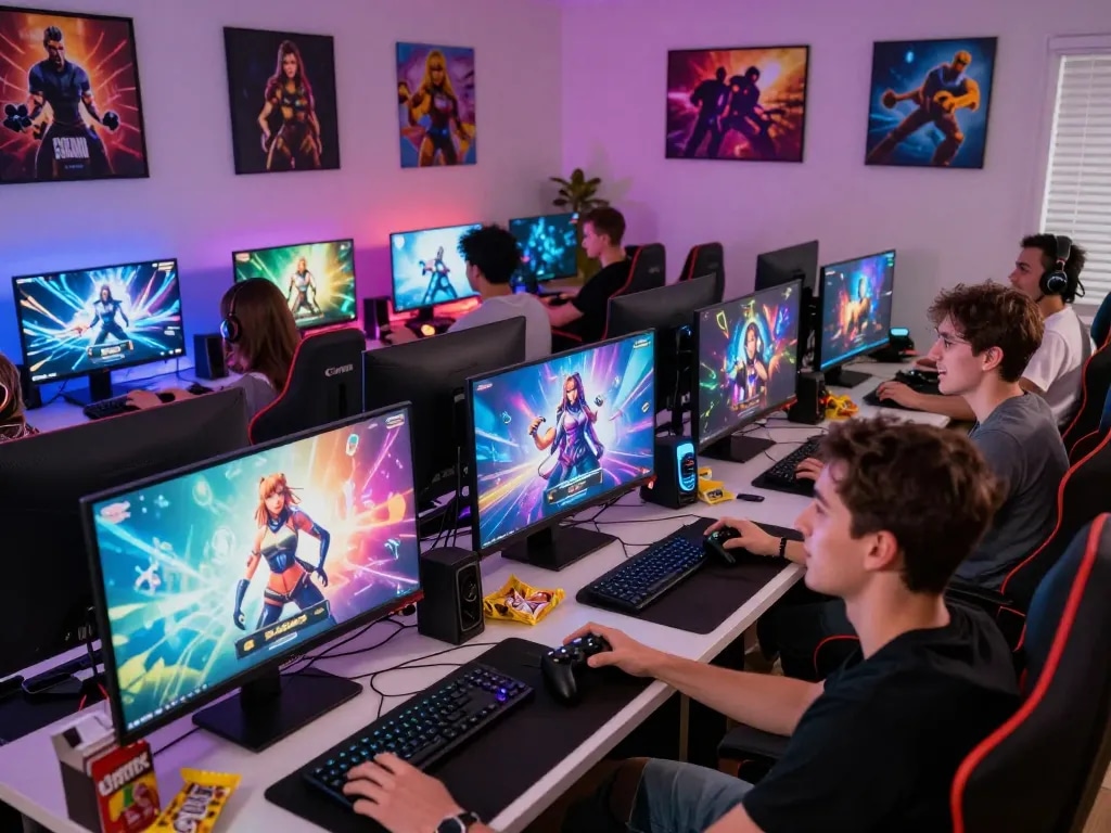 Group of gamers enjoying a vibrant atmosphere while playing engaging porn games with dynamic visuals.