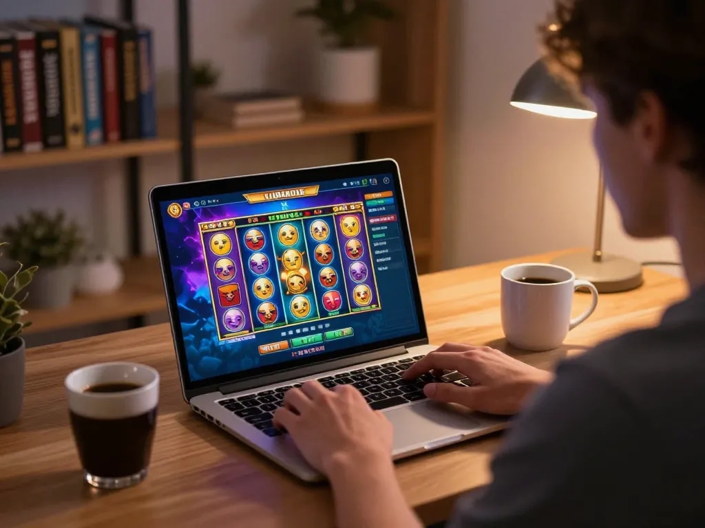 Engaging slot online gameplay session at home with a player using a laptop to spin reels.