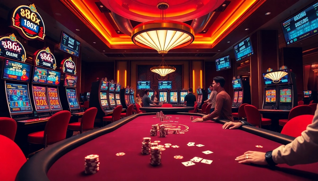 Engaging casino scene at 88xx with live dealer, poker table, and vibrant slot machines.