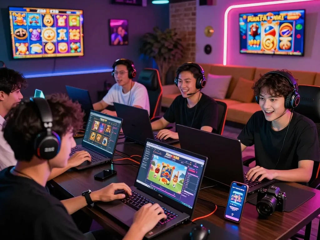 Excited players enjoying the Zeus138 online gaming experience in a vibrant gaming lounge setting, highlighting player engagement and colorful slot graphics.