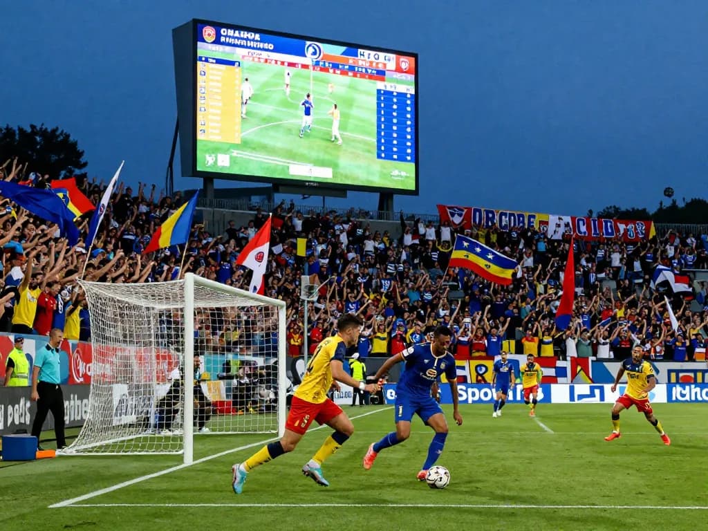Fans cheering in a packed stadium during a thrilling football match, showcasing kqbd updates on live scoreboards.