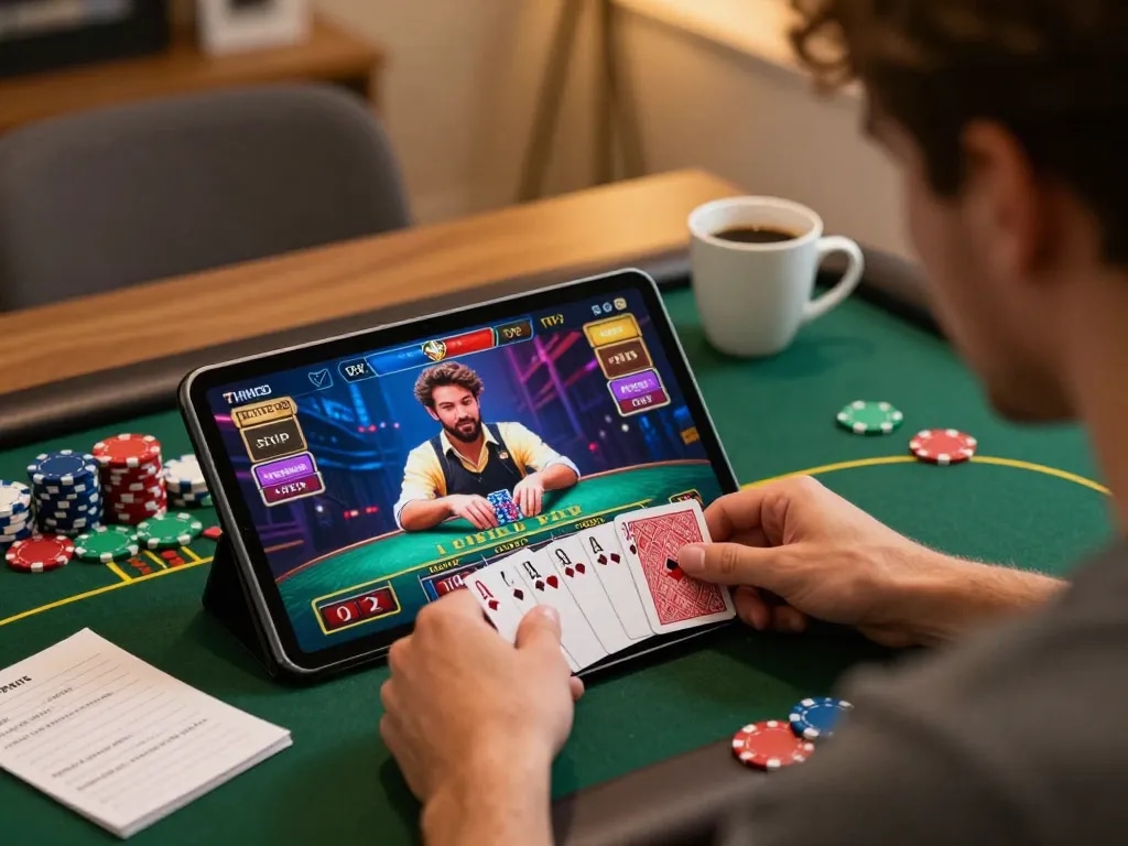 Engaging in a live blackjack game on a tablet while practicing responsible gambling with links to various resources on 링크모음.