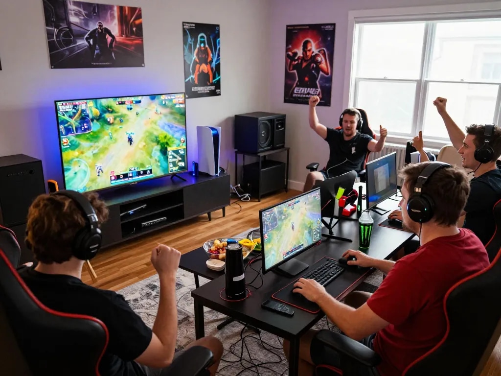 Engaged gamers playing mpi2121 in a vibrant tournament atmosphere