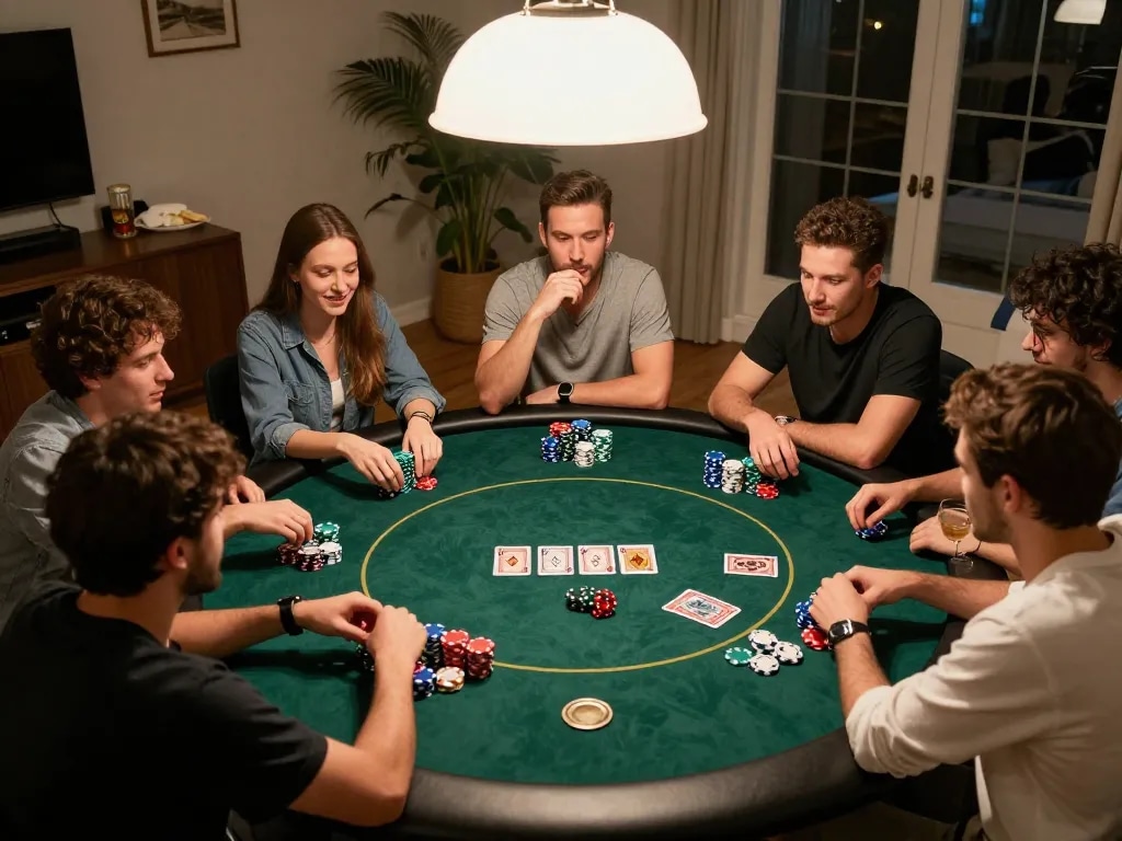 Friends playing poker at home while enjoying social gaming moments at goal123.