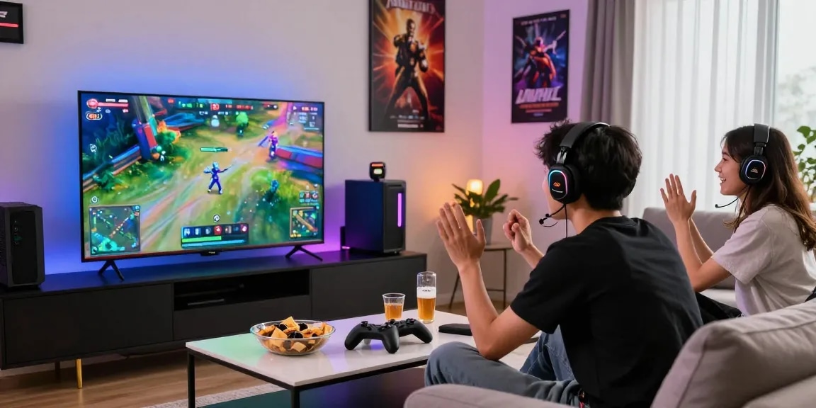 Gamer immersed in a thrilling match on AA88.com in a vibrant living room.